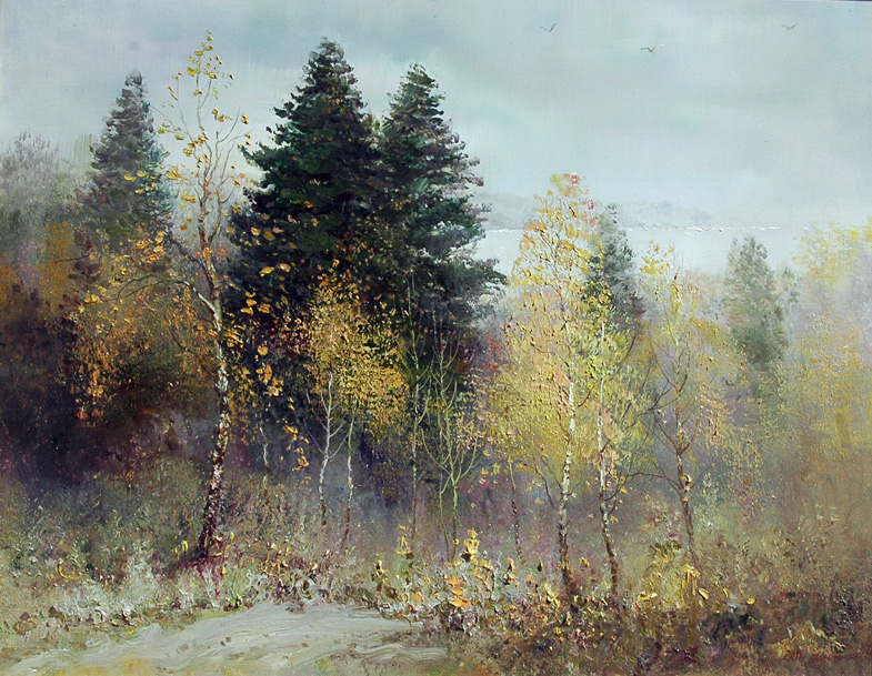 Lake Pleshcheyevo, Konstantin Drugin- painting forest on the shore of the lake, Pereslavl, Peter I