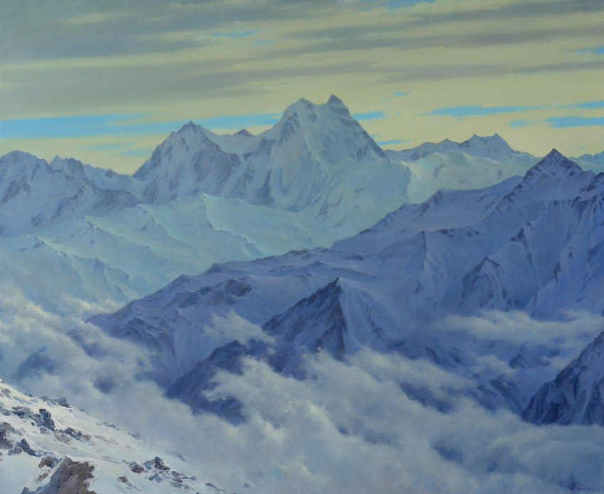Облака и горы. Вид на гору Ушба со склона Эльбруса, Георгий Дмитриев- картина, заснеженные вершины гор, Кавказ, облака, ледник