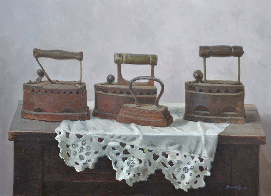 Knights of the past, Evgeny Balakshin- painting, the village, table, still life with irons, old tim