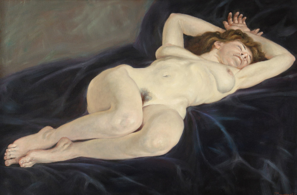 Nude on a velvet coverlet, George Dmitriev- painting, nude model in the artist's studio, a dream