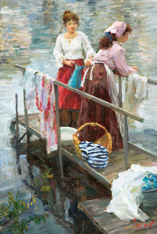 На реке. Прачки, Владимир Гусев- картина, лето, река, девушки у реки на мостике,импрессионизм