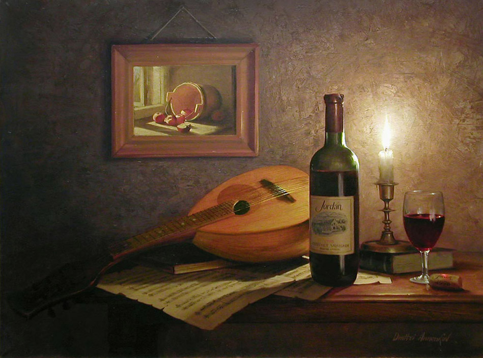Свеча (на заказ), Дмитрий Анненков- картина натюрморт в натюрморте, мандолина коллекционное вино