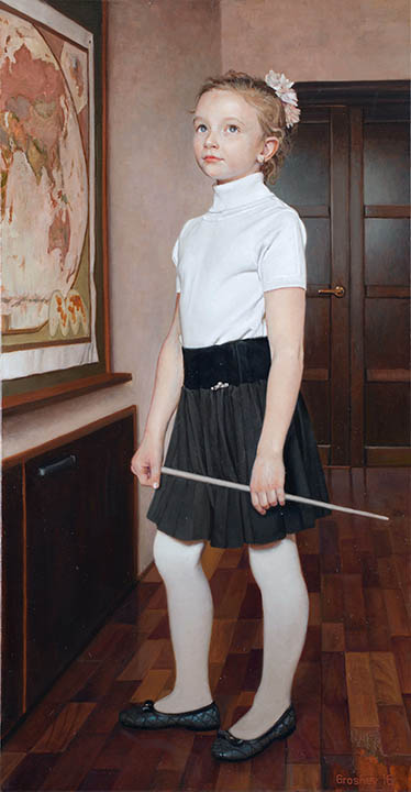 Honours pupil, Slava Groshev- portrait of schoolgirl, class, girl with pointer, painting