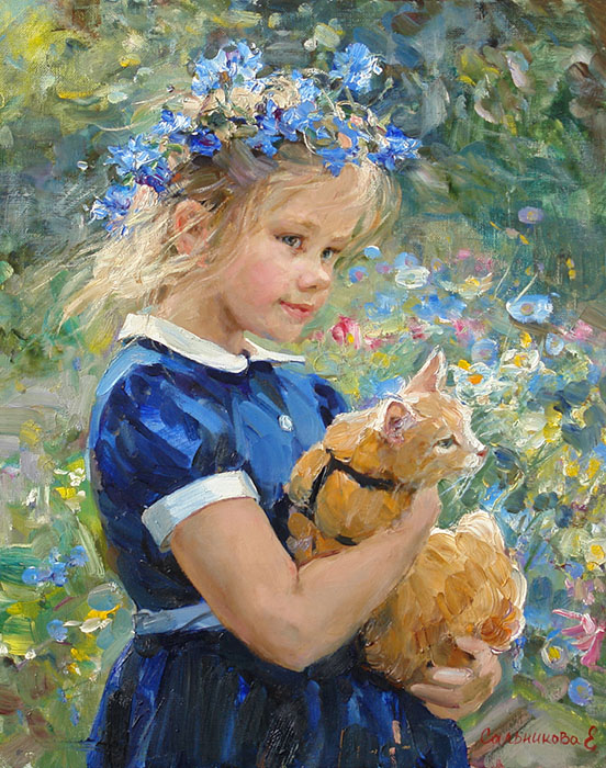 Girl in cornflowers, Elena Salnikova- portrait girl with red cat, impressionism, flowers