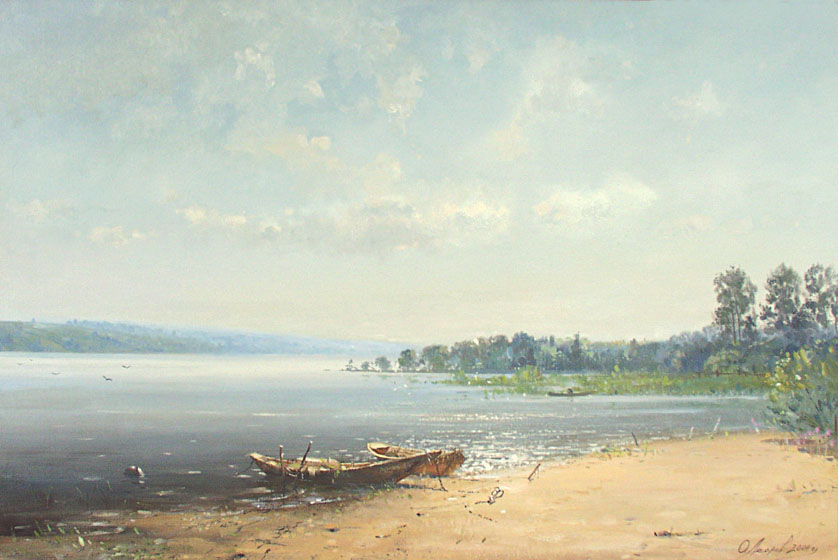 Полдень на Волге, Олег Леонов- картина, река Волга, лодки на берегу, летний день, небо
