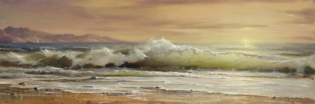 Теплый вечер на Средиземном море, Георгий Дмитриев- картина, морской пейзаж, волны, горы, закат солнца над морем
