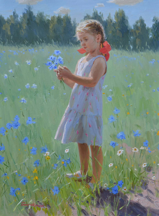 Cornflowers, Evgeny Balakshin- painting, summer sunny day, the girl on walk, landscape