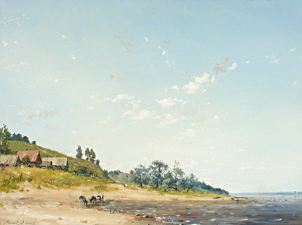 Volga. The gulf, Oleg Leonov- painting, a village on the banks of the Volga, summer day