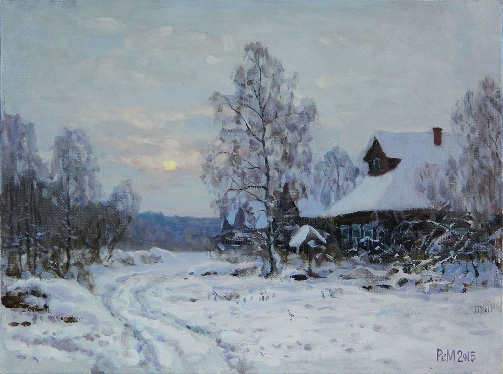 Околица, Рем Сайфульмулюков- картина, деревня, зимний вечер, деревья в снегу, реализм