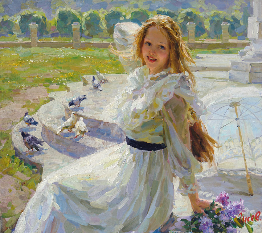 В усадьбе, Владимир Гусев- картина, девушка, зонтик, романтика, голуби, усадьба