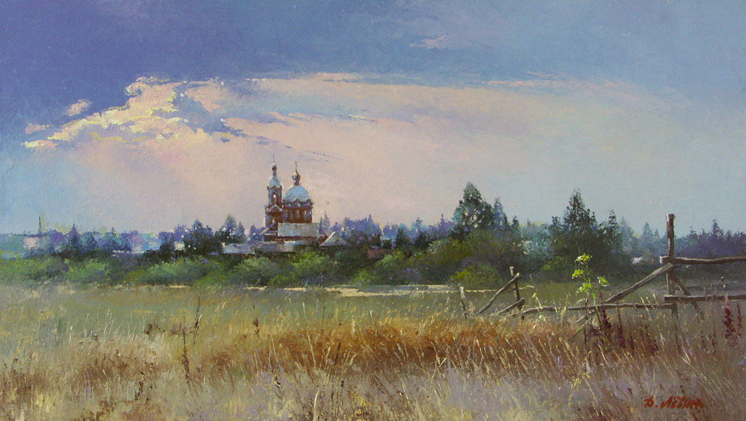 Гармония, Дмитрий Лёвин- русский пейзаж с церковью, деревня, околица, картина