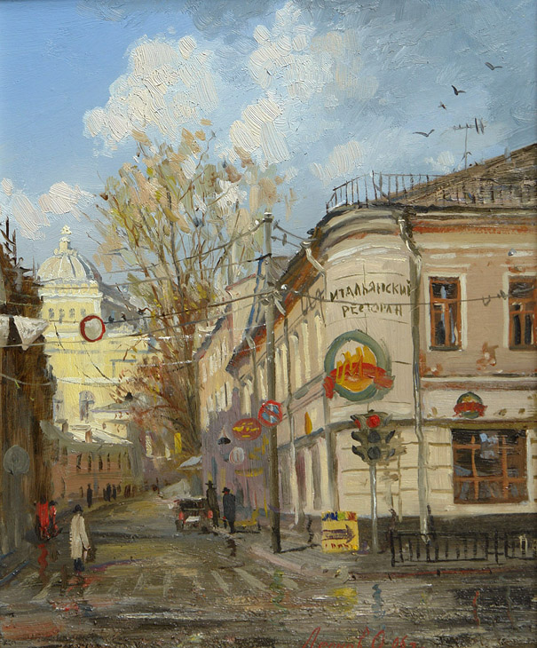 Вид на Синагогу с улицы Солянка, Олег Леонов- картина, Московские улицы, ресторан, синагога