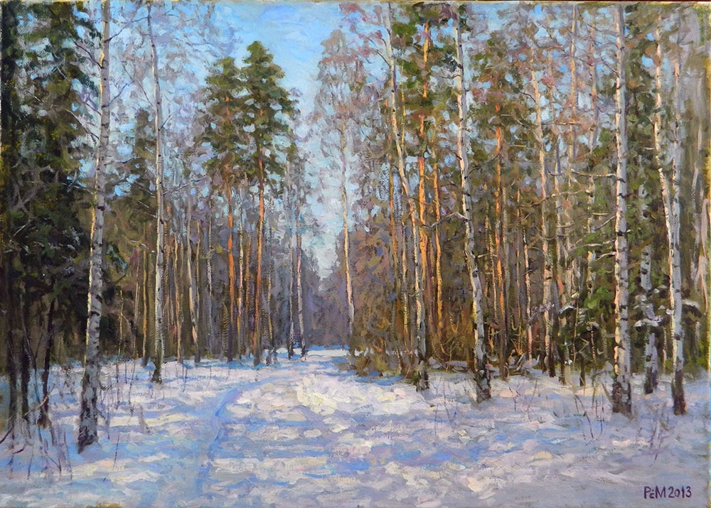 March, Rem Saifulmulukov- painting, spring, forest, snow, Russian birch, realism
