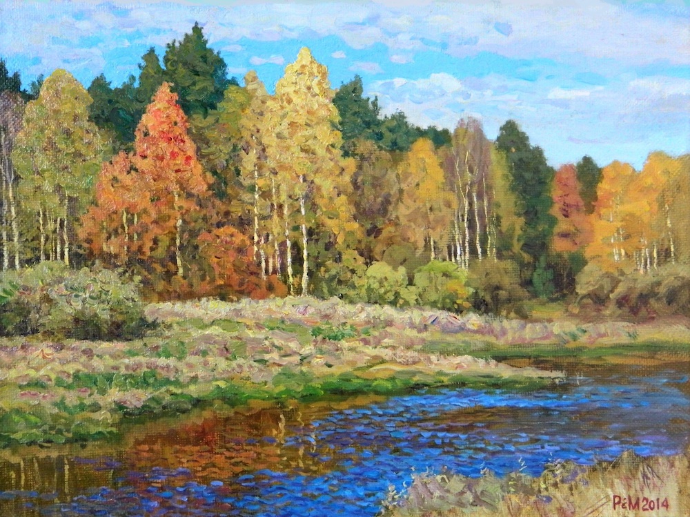 Озеро. Осень #2, Рем Сайфульмулюков- картина, золотая осень, голубое озеро, сказочный лес, пейзаж