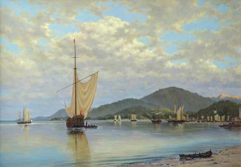 Средиземноморский мотив, Георгий Дмитриев- картина, морской пейзаж, парусники, горы, штиль, облака