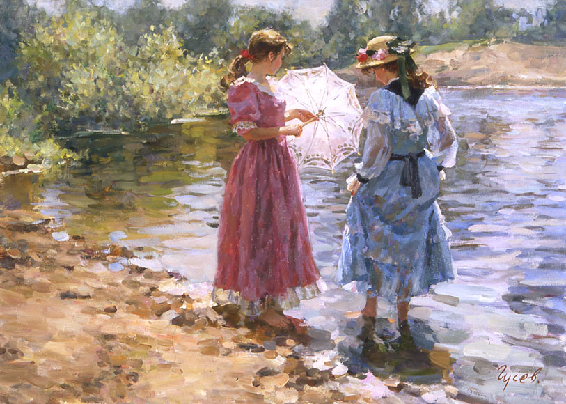 На берегу, Владимир Гусев- картина, летний день, девушки, прогулка по берегу реки, зонт