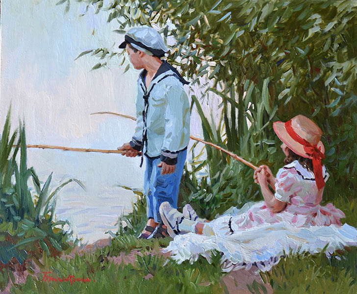Young fishermen, Evgeny Balakshin- painting, modern impressionism, boys  fishing