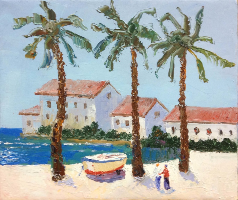 Palm trees on the shore, Sergey Postnikov- painting, palm trees, houses by the sea, holiday, summer day