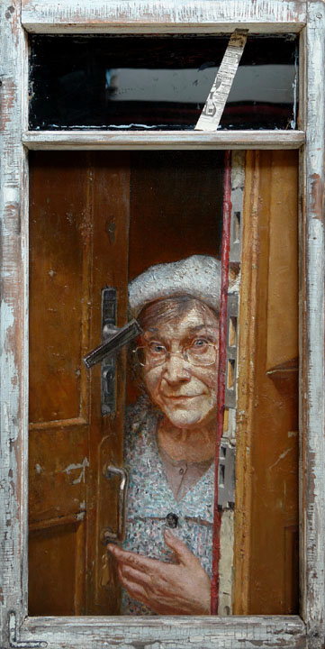 Neighbor Emma, Oleg Leonov- painting, portrait of a woman, locked the house, a neighbor