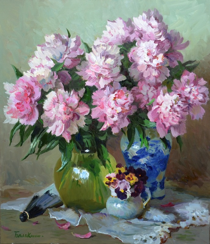 Still life with pink peonies, Evgeny Balakshin- painting, bouquet of peonies in a vase, a bouquet of pansies