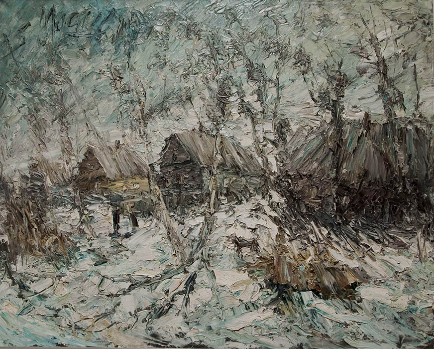 February, Vladimir Maslov- painting rural winter landscape, expressionism, huts