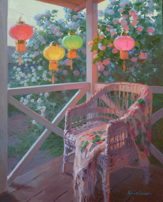 Майский вечер, Евгений Балакшин- картина, весенний вечер в деревне, китайские фонарики