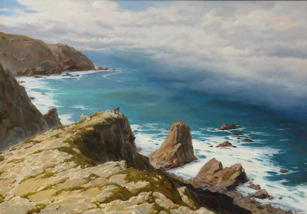 The fog from the ocean. CABO DA ROCA, George Dmitriev- Portuguese seascape, rocky shore, people, painting