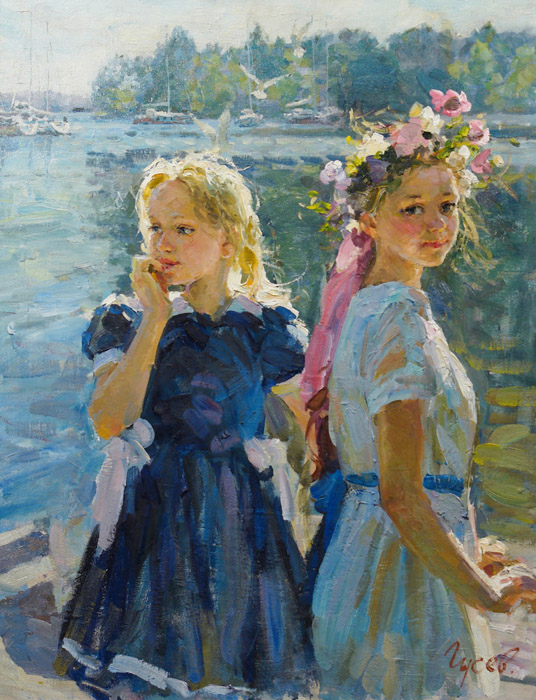 On a walk, Vladimir Gusev- picture, summer, girl on a walk by the river, impressionism