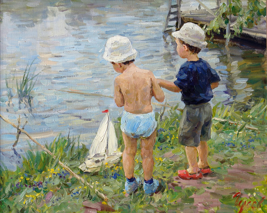 Fishermen, Vladimir Gusev- genre painting, summer, river, boys, fishing