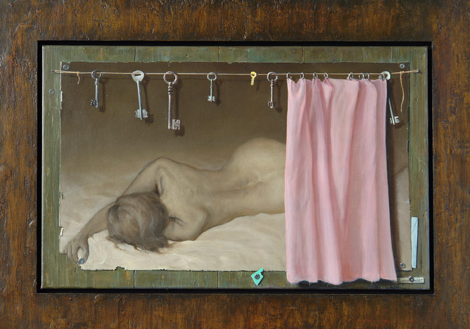 Curtain (framed), George Dmitriev- painting in the frame, snag, naked girl, keys