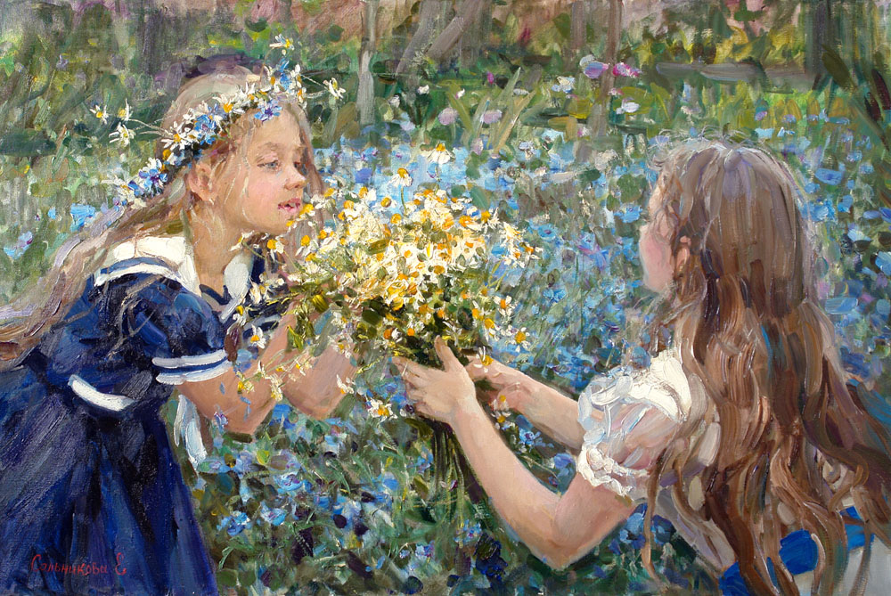 Ромашки, Елена Сальникова- картина, летний день, поляна с васильками и ромашками, дети