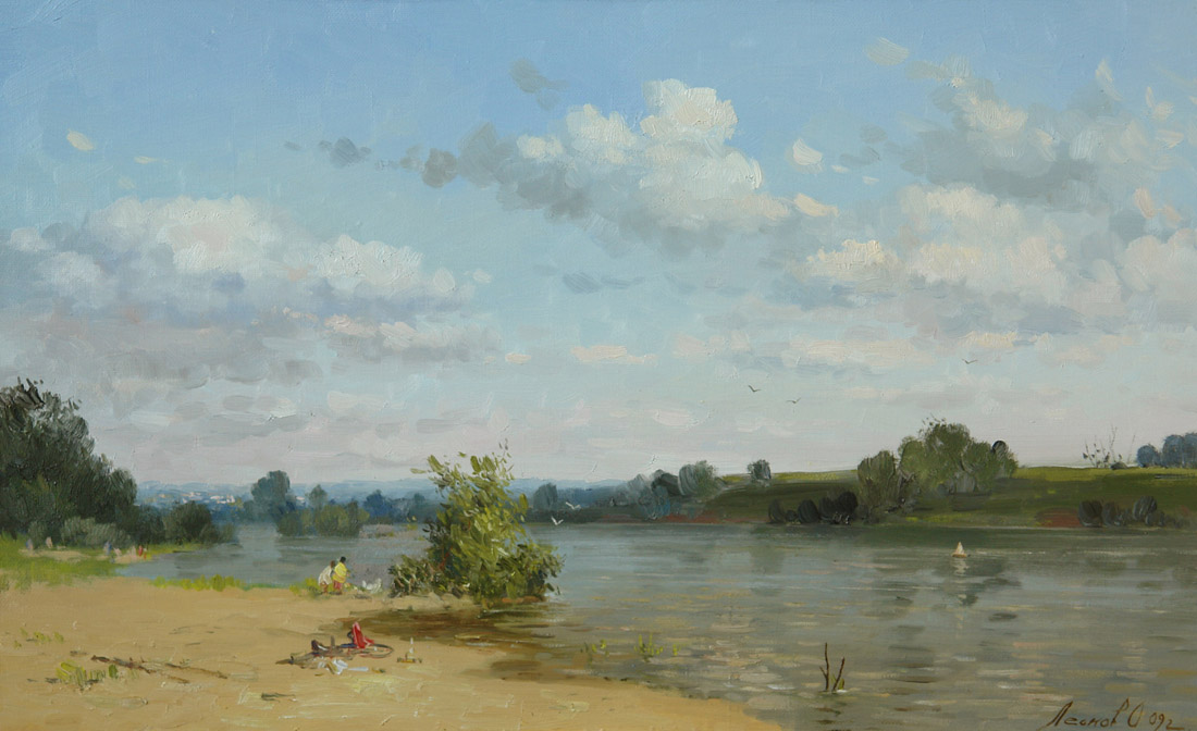 Ока. Август, Олег Леонов- картина, летний день, река Ока, отдых на берегу, облака