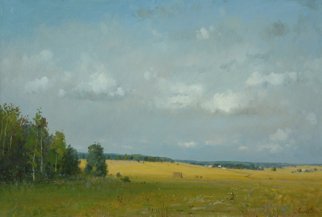 Lower Colock village, Oleg Leonov- painting, rural landscape, blue sky, summer, heat