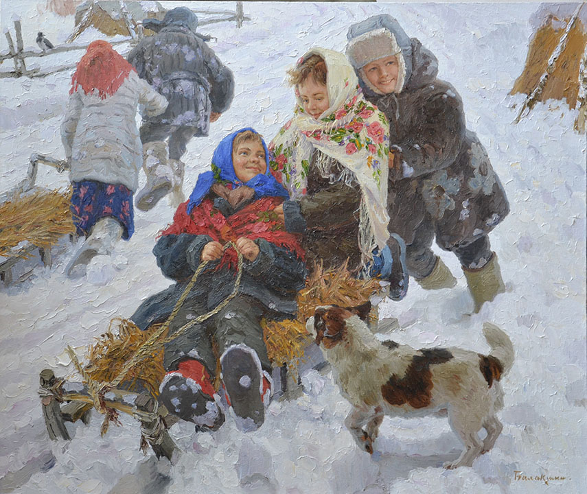 We are stuck, Evgeny Balakshin- painting, winter day, skating with slides, fun