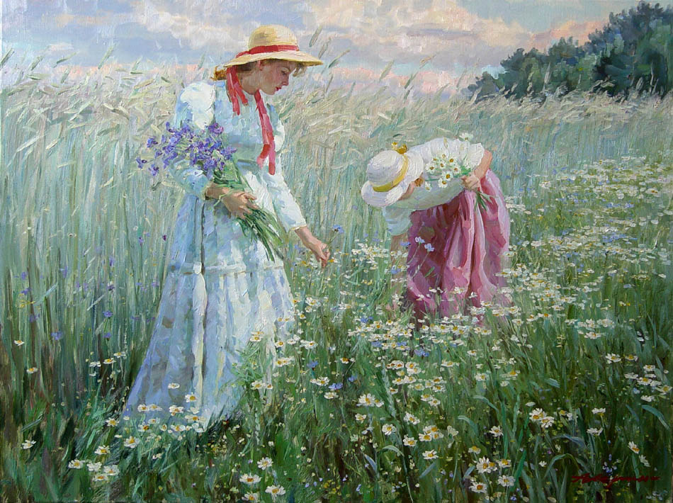 Cornflowers (to order), Alexandr Averin- painting, wild flowers, girl, meadow, summer, impressionism