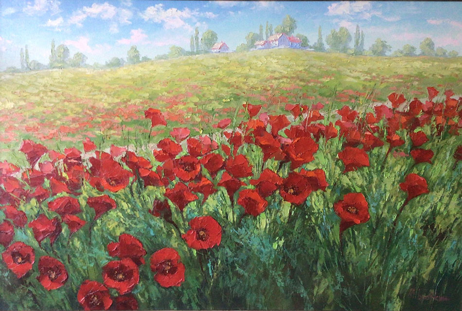 Поле маков, Михаил Бровкин- картина, лето, красивые цветы, крымский пейзаж