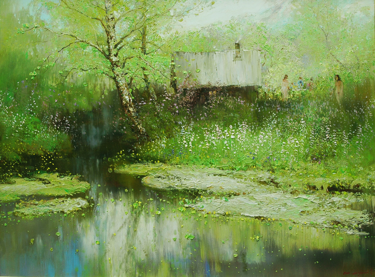 Банька, Константин Дружин- картина, русская природа, лето, домик в лесу, пруд, пейзаж