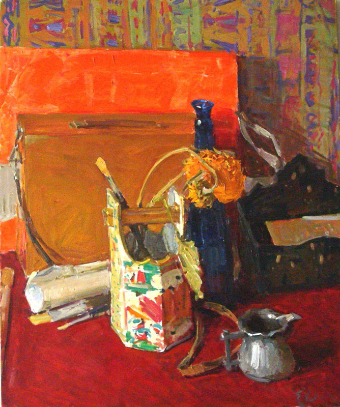 Still life on red tablecloth, Evgeny Vechtomov