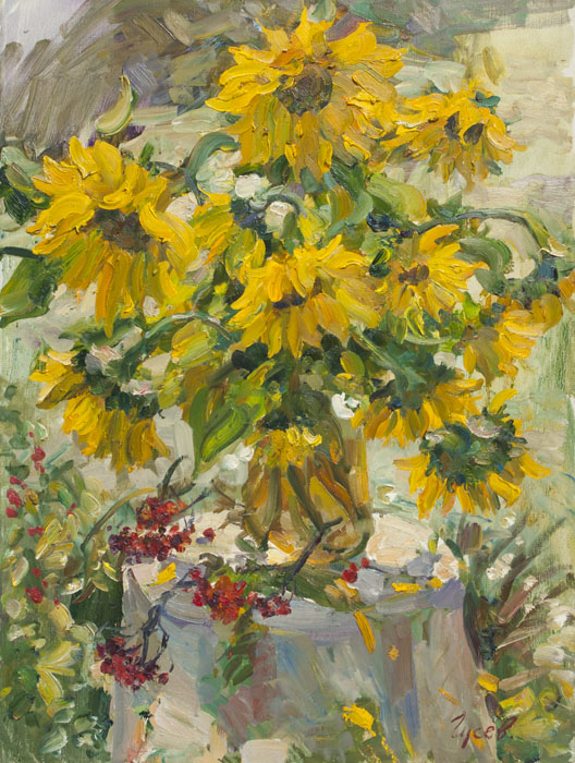 Sunflowers, Vladimir Gusev- painting, summer, beautiful bouquet of sunflowers