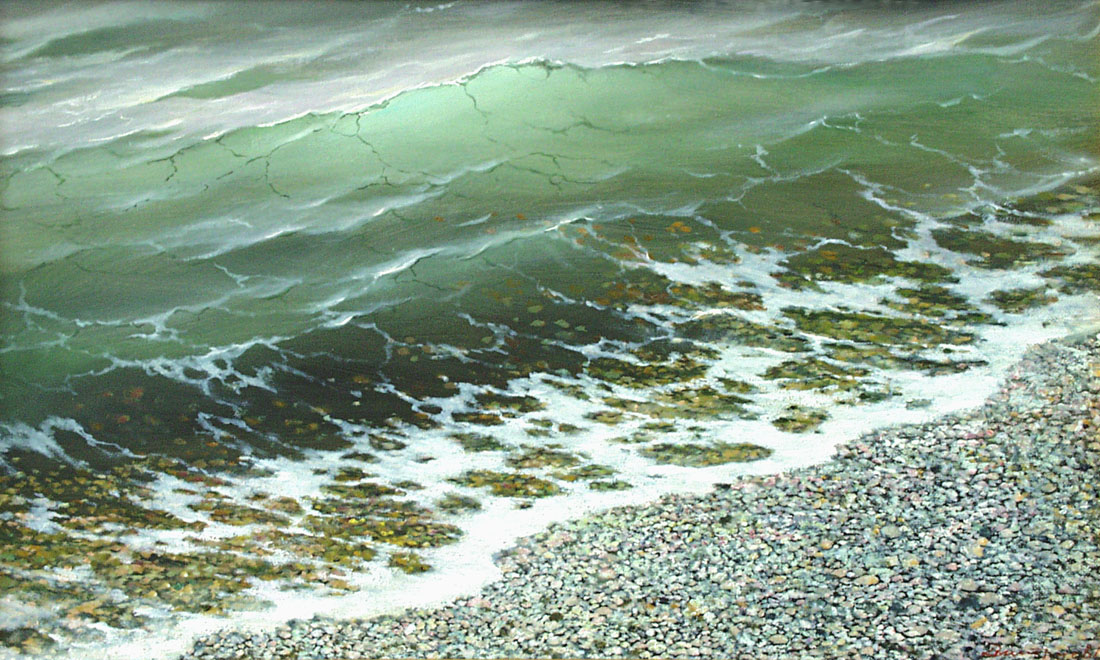 At coast, George Dmitriev- painting, clear sea, pebble beach, wave sunlit