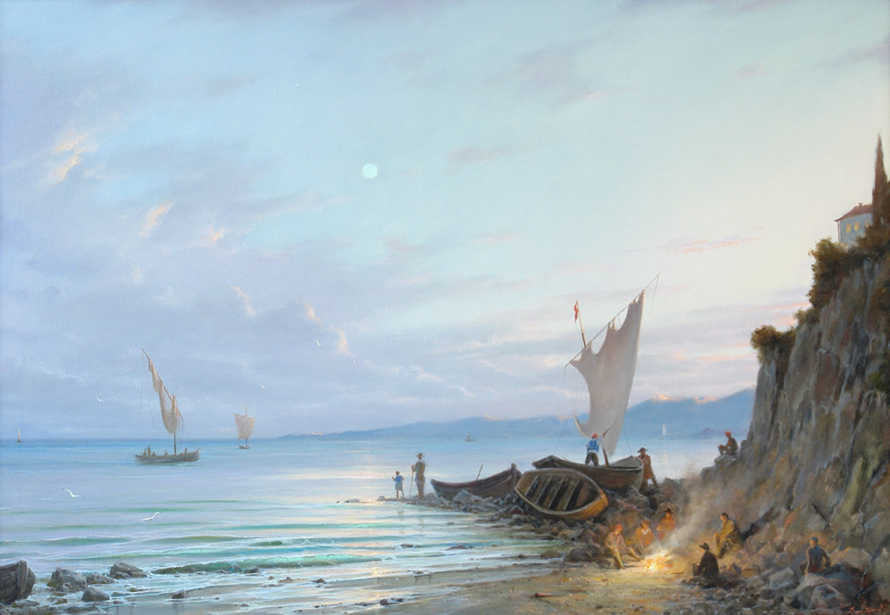 Теплый вечер на Средиземном море, Георгий Дмитриев- картина, морской пейзаж, горы, лодки, рыбаки, луна, чайки