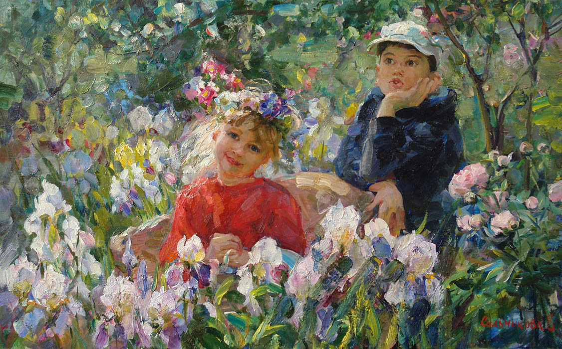 Rendezvous, Elena Salnikova- impressionism painting, children's theme, genre