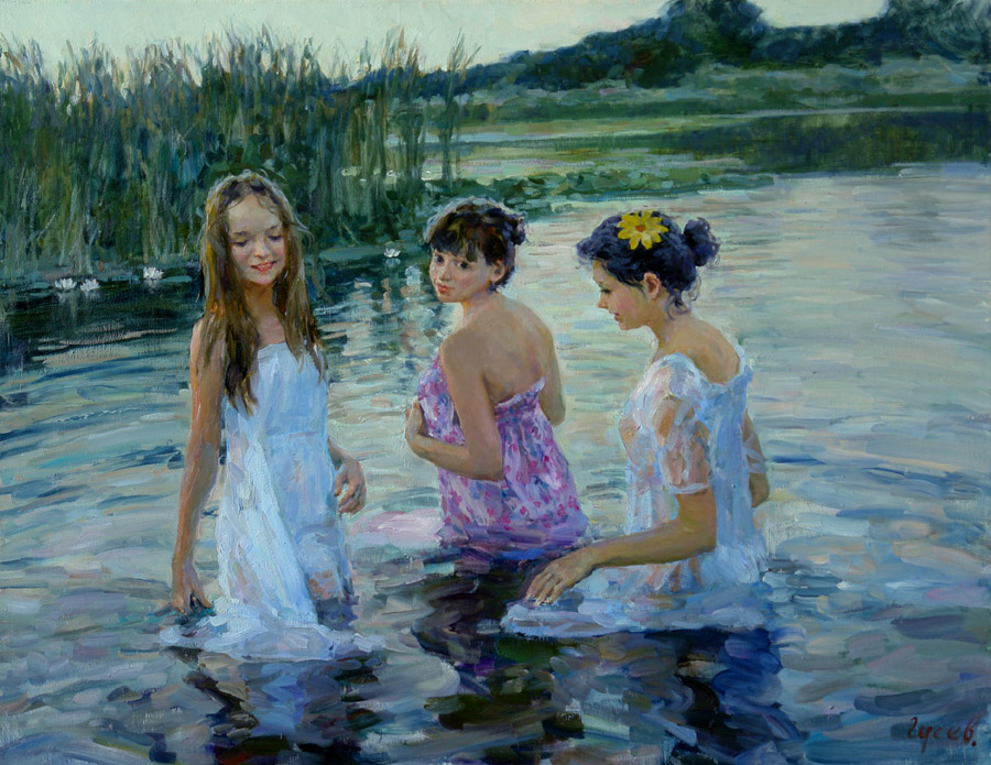 The Little Mermaids, Vladimir Gusev- genre painting, girl, summer day, river, impressionism