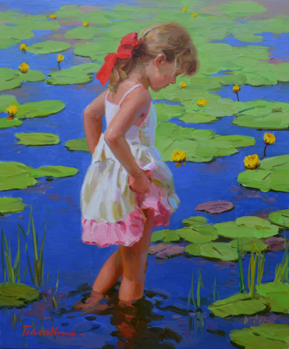 To the water lilies, Evgeny Balakshin- painting, summer sunny day, river, girl, water-lilies
