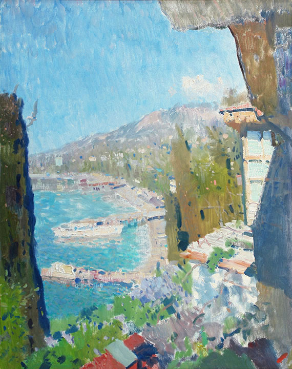 Вид с балкона, Бато Дугаржапов- картина с красивым морским видом, современный импрессионизм