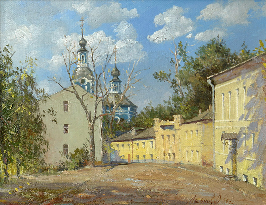 Moscow. Serebryanichesky lane, Oleg Leonov- painting, cityscape, Moscow courtyard, the church