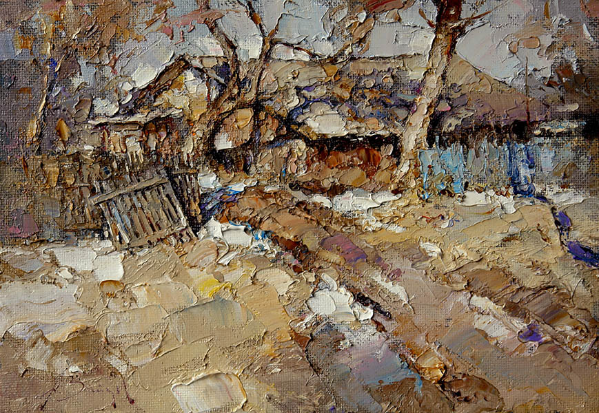 Потеплело, Алексей Зайцев- весенний русский пейзаж, покосившийся дом, сломанная ограда