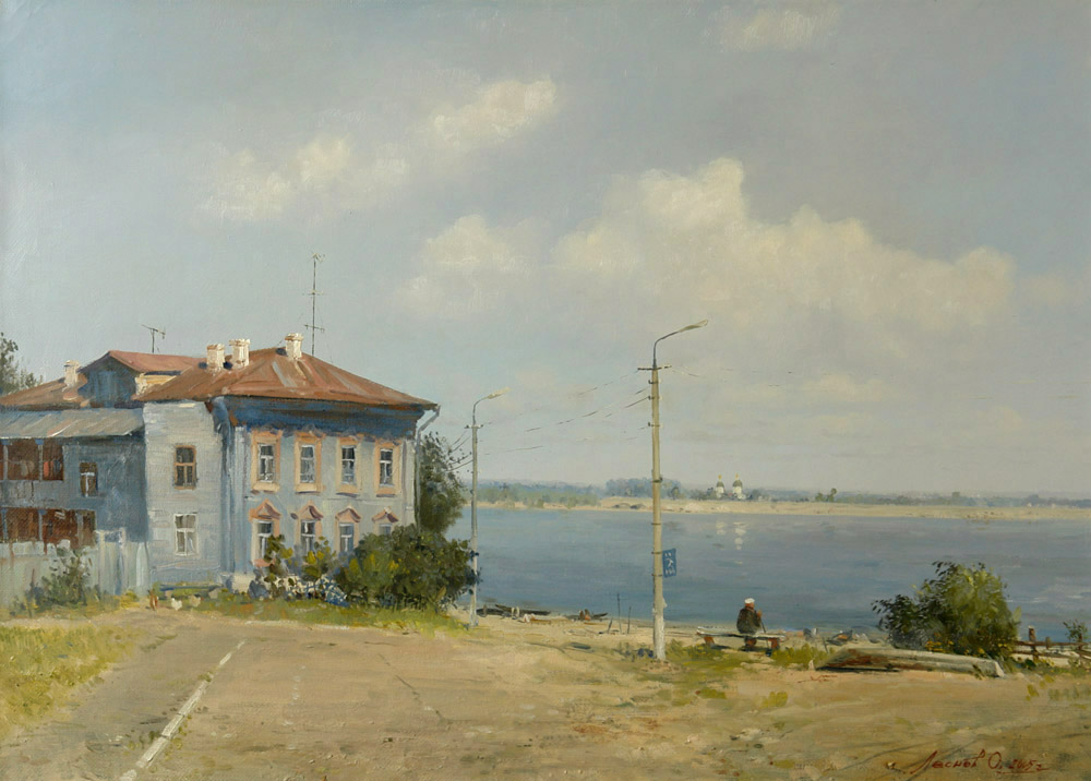 Kozmodemyansk city, Oleg Leonov- painting, house on the lake, summer day, a gray sky, clouds