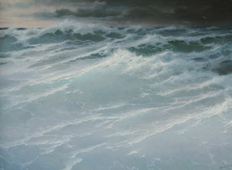 Море, Георгий Дмитриев- картина морской пейзаж, прозрачная голубая волна, чайка