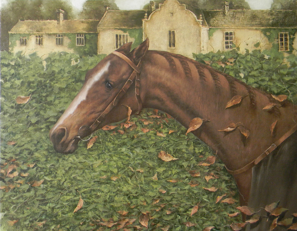 Formal garden, Andrey Sitsko- painting of a horse, horse head, park